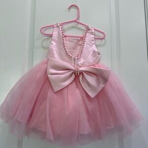 Pink Tulle Dress with Bow and Pearls
